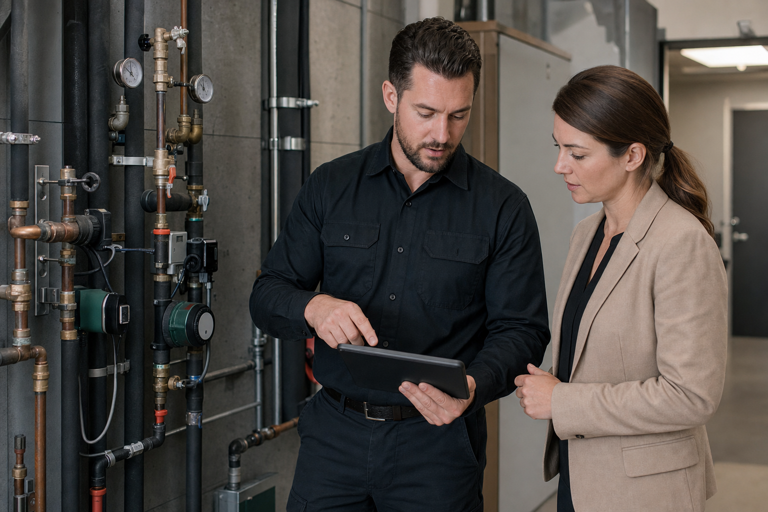 Plumbing technician reviewing equipment findings with a property manager