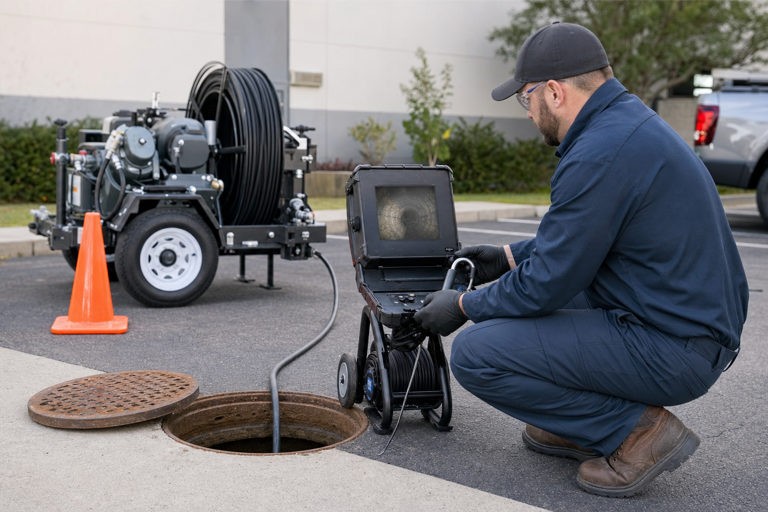 Plumbing technician using diagnostic equipment to identify an underground piping issue